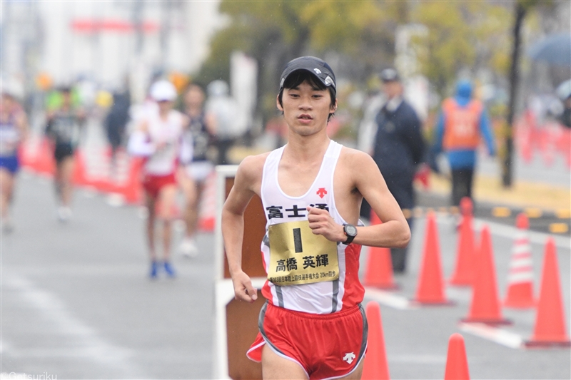 男子20kmは東京五輪代表の高橋が１時間20分19秒でＶ、２位は50km五輪代表の川野／全日本競歩能美大会