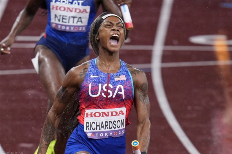 女子4×100mR米国が41秒75でV3！ ジェファーソン・ウッデン3冠 ジャマイカは0.04秒差2位／東京世界陸上